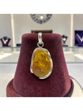 Yellow Amber Pendant In 925 Sterling Silver With Natural Inclusions Jewelry